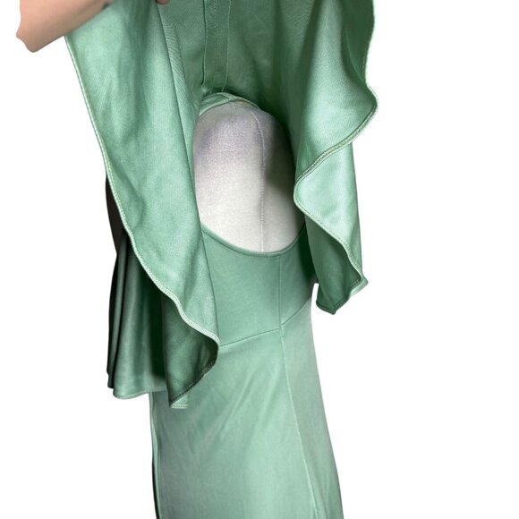 Vintage 70s One Shoulder Mint Green Maxi Dress Small Ruffle Overlay Zipper - Picture 7 of 12